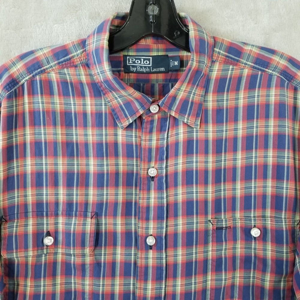 Vtg Polo Ralph Lauren Shirt Men M Multicolor Plaid Elbow Patch Work Button Front